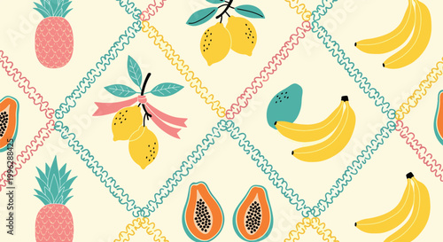 Tropical fruit seamless pattern with yellow lemons pink pineapples ripe bananas and orange papayas in a diamond lattice frame vector illustration