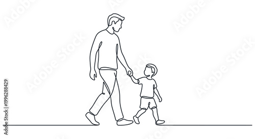 father and child walking together in continuous line art