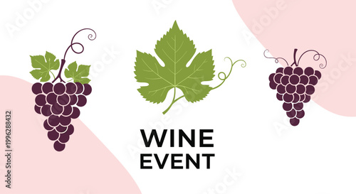 Elegant illustration of purple grapes and green vine leaves on a light background for a wine tasting or vineyard event.