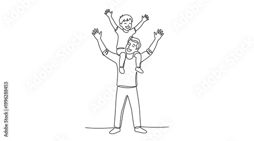 father carrying child on shoulders line drawing