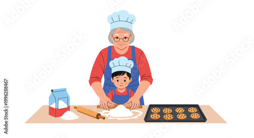 Elderly grandmother and her young grandson spend quality time together baking delicious chocolate chip cookies in a cozy kitchen.
