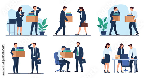 Group of stressed office workers carry cardboard boxes after being fired or quitting their jobs during a corporate layoff.