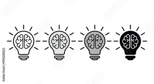 four light bulbs with brains inside showing progression from white to black