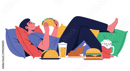 Young man relaxes on colorful pillows while indulging in a large variety of unhealthy junk foods including tacos and burgers.