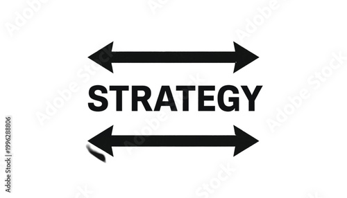 Strategy is defined by a bold text label placed between two opposing black arrows on a clean white field.