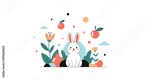 Adorable white rabbit sits peacefully in a lush garden surrounded by vibrant flowers and delicious looking fresh fruits.