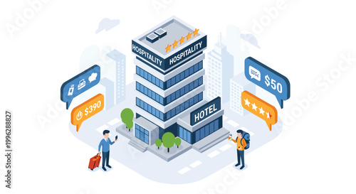 Isometric view of a luxury five star hotel located in a modern city with travelers arriving and various price and rating tags.
