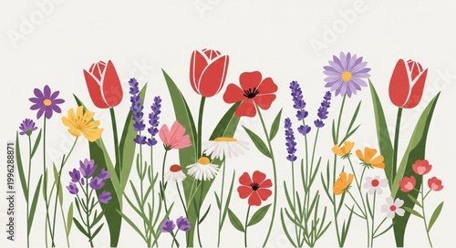 Vibrant Spring Garden with Assorted Blooming Flowers.