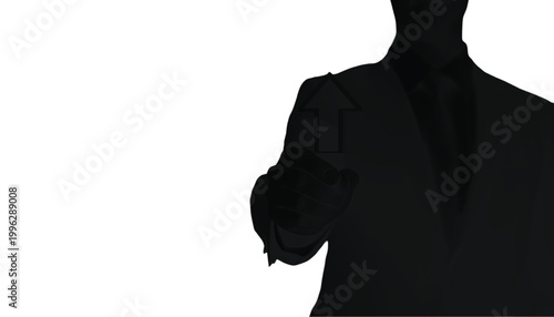Businessman silhouette points upward to indicate growth and rising profit margins in the workplace.