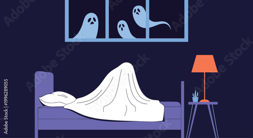 Fearful person hides under white bed sheets while three spooky blue ghosts peer through the window in a dark room at night.