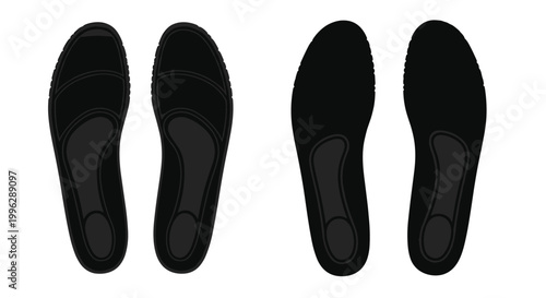 Top and bottom views of ergonomic black shoe insoles designed for comfort and arch support are displayed on a white background.