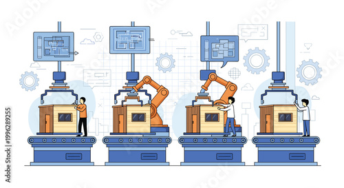 Modern factory assembly line utilizes automated robotic arms and professional workers to build prefabricated wooden houses.