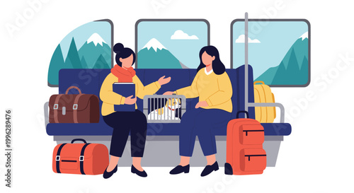 Two female travelers sit together on a train with their luggage and a small dog in a pet carrier while looking at mountain scenery.