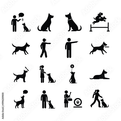 Dog training and interaction icons set black and white vector illustration