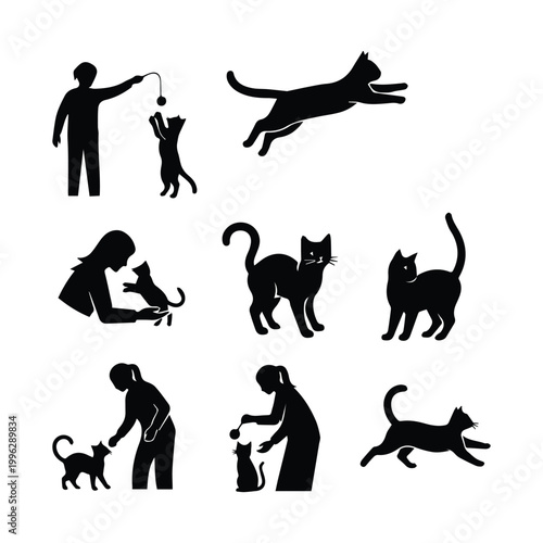 People and cats black silhouettes on white background, set of different human and feline icons