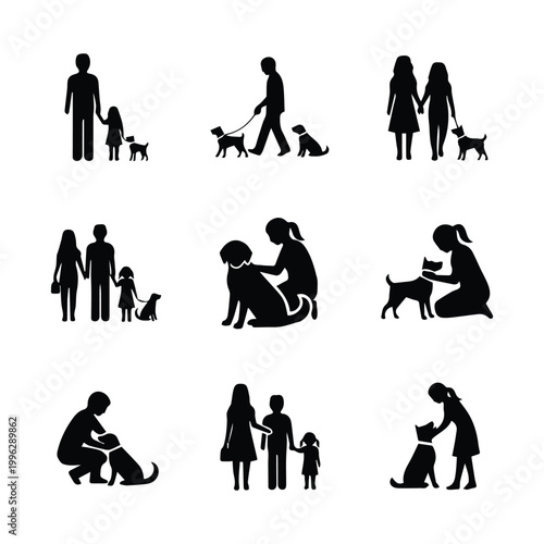 Canvas Print People and pets black silhouettes on white background, set of different family a
