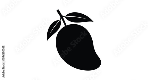 a black silhouette of a mango with leaves on a white background