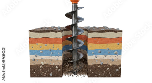Vector illustration of cross section of soil layers being drilled by an industrial auger on a transparent background