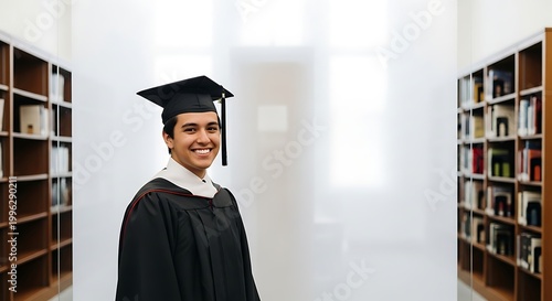 A young man in a graduation cap and gown stands proudly in a library with bookshelves on either side.