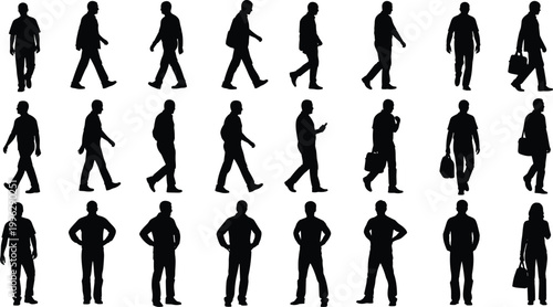 Business People Walking Silhouette Set Featuring Professional Men Poses Standing Moving and Carrying Bags for Corporate Lifestyle Illustration and Office Design Collection.