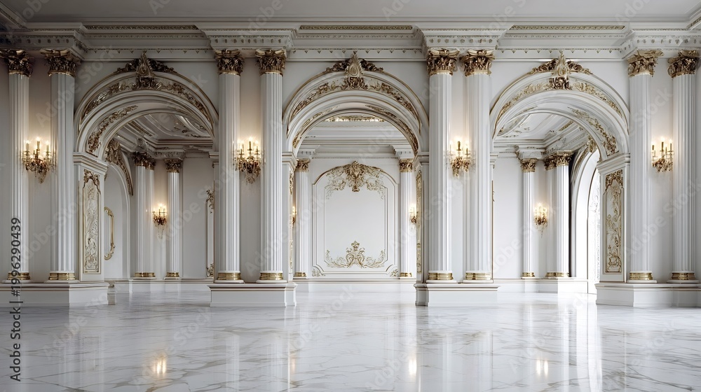 Fototapeta premium Empty neoclassical ballroom with ornate gold filigree, towering white pillars, grand arches and polished marble floor reflecting light for an elegant, opulent event space