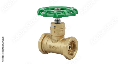 Vector illustration of brass gate valve with green handle on a transparent background