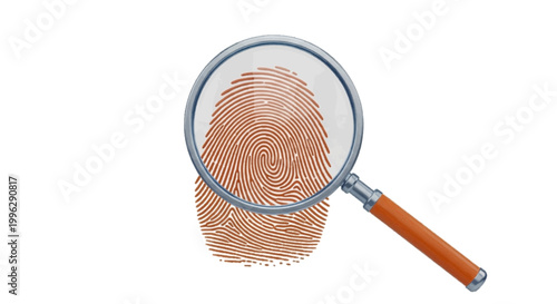 Vector illustration of magnifying glass examining a human fingerprint on a transparent background