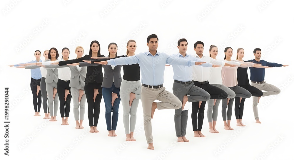 Fototapeta premium A group of diverse people practicing yoga in a studio with a white background