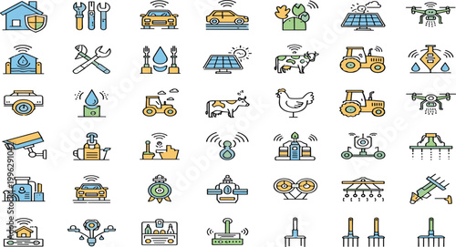 Smart Farming Agriculture Icon Set Featuring Tractors Drones Livestock Irrigation Solar Technology and Modern Agritech Elements for Precision Farming Design Collection.