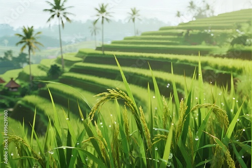 Lush green rice terrace fields stretching across a tropical hillside representing sustainable agriculture and natural beauty