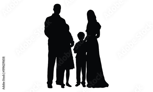 Silhouette of a family with two adults and one child standing together isolated on white background