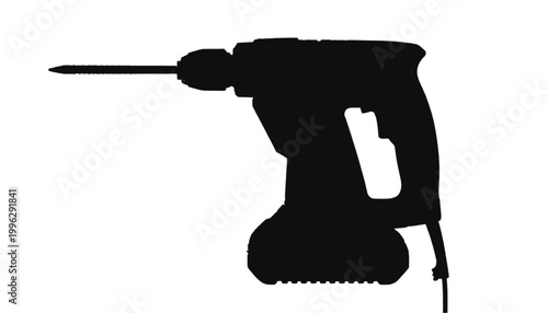 Drill power tool is depicted as a stark black silhouette against a clean and bright white background.