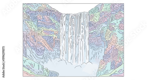Waterfall flowing down rocky slope.