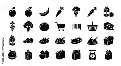 Black and white icons depicting various grocery items and shopping essentials