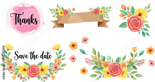 Floral Thank You and Save the Date Designs with Pink Roses, Yellow Flowers, and Decorative Banner"