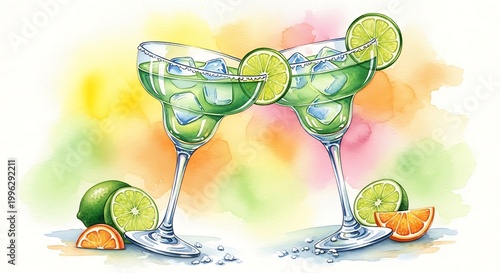 Two green cocktails with lime slices on colorful background