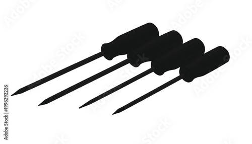 Screwdrivers silhouette array presents a set of four industrial tools on a clean white background area.