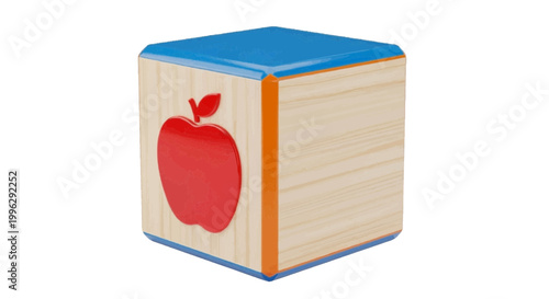 Vector illustration of wooden toy block with a red apple illustration on a transparent background