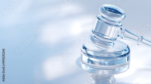 A glass gavel rests on a clear surface symbolizing modern justice concepts