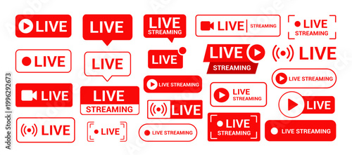 Live streaming vector icon set. Modern red broadcast buttons, video play labels and UI elements collection