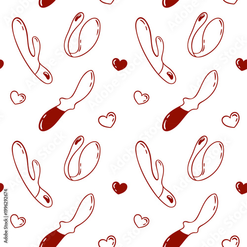 Simple red doodle pattern of a vibrator, adult toys for sex games, Repeating design for gift wrap or sex shop brand identity