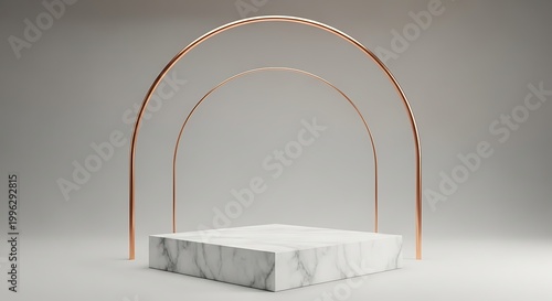 Luxury marble podium with rose gold arches on gray background