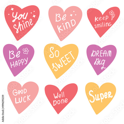 Motivational heart stickers set with positive quotes, cute hand drawn love icons, inspirational typography collection.