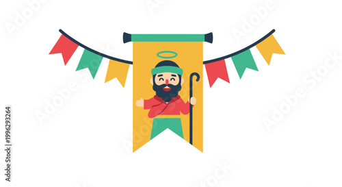 A colorful illustration of a bearded man with a halo on a banner SAO JOAO 