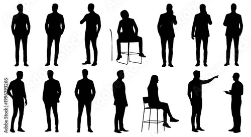 Silhouettes of people in casual poses isolated on transparent background, Vector
