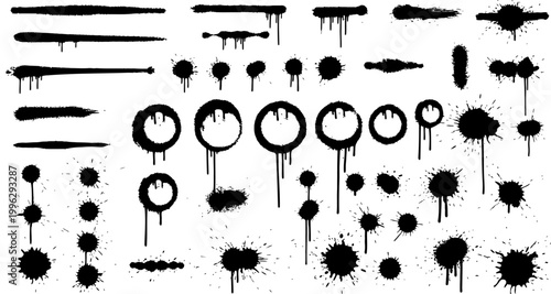 Black ink spray paint splatter and drip graphic elements vector collection