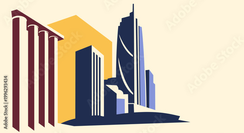 A modern cityscape vector graphic with sleek skyscrapers and buildings