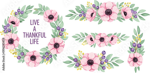 Pink Anemone Flower Wreath with Inspirational Quote for Floral, Spring, and Greeting Card Designs"