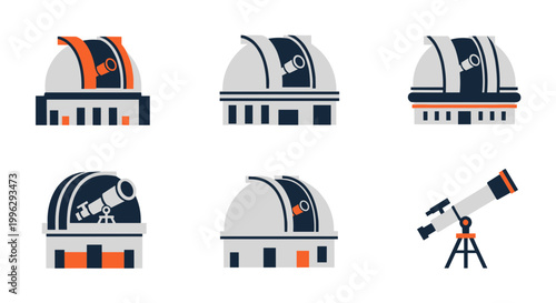 A set of modern observatory icons with a telescope in a flat design style