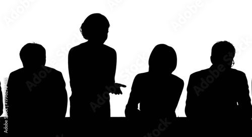 Schilderij op canvas Silhouettes of four people talking together isolated on transparent background,